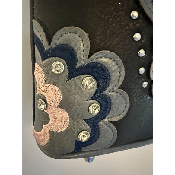 Concealed Carry Leather Blue Black Handbag Purse Embroidered Butterfly & Flowers - Picture 4 of 10